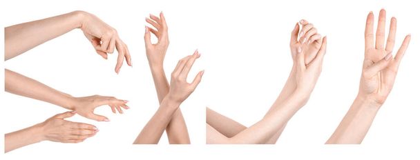 Multiple images set female caucasian hands isolated white background showing different gestures. Collage of hands of a girl with manicure - Photo, Image