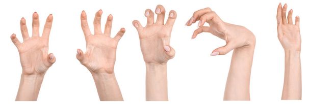 Mehrere Bilder stellen weibliche kaukasische Hände auf einen isolierten weißen Hintergrund, der unterschiedliche Gesten zeigt. Collage der Hände eines Mädchens mit Maniküre - Foto, Bild