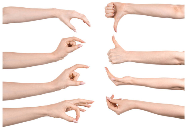 Multiple images set female caucasian hands isolated white background showing different gestures. Collage of hands of a girl with manicure - Photo, Image