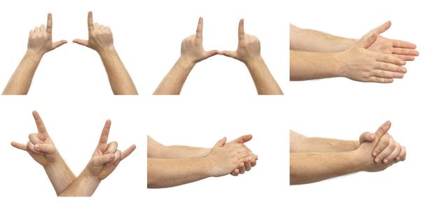 Collage de manos masculinas mostrando varios gestos aislados sobre fondo blanco. Un conjunto de varios gestos de la mano - Foto, Imagen