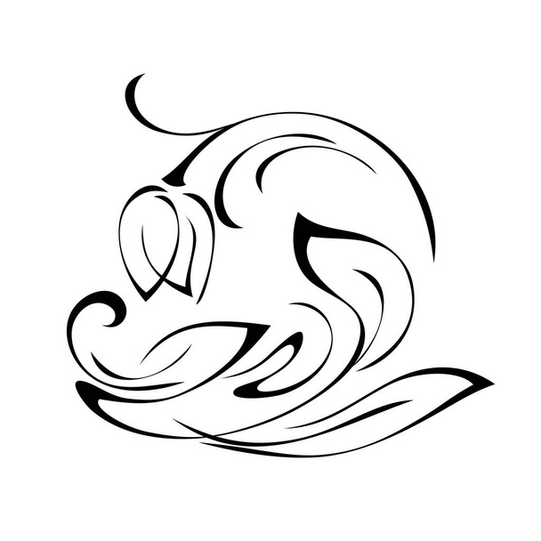 one stylized flower Bud on a curved stem with leaves and curls in black lines on a white background - Vector, Image