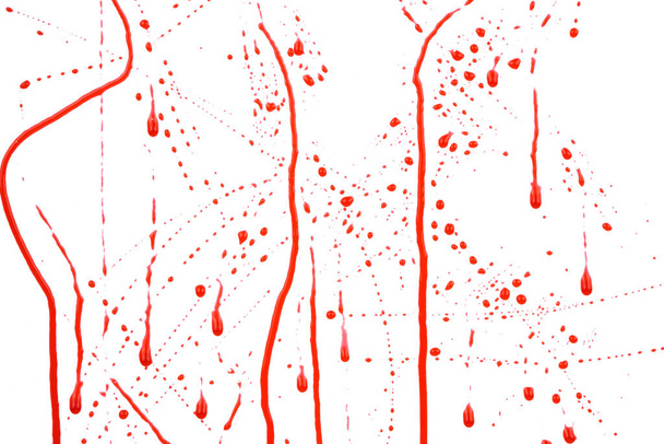 Krvavé cákance a kapky na bílém pozadí. Kapající a následující červená krev - Fotografie, Obrázek