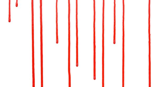 Крапля крові ізольована на білому тлі. Тече червона кров бризкає, краплі і сліди
 - Фото, зображення