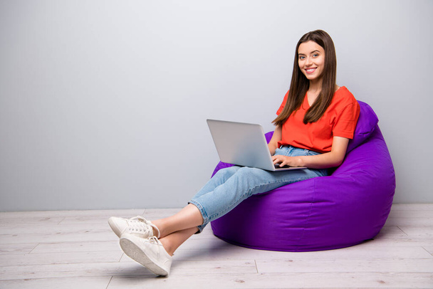 Portrait of her she nice attractive lovely cheerful cheery straight-haired girl sitting in bag chair using laptop writing e-mail creating report light grey pastel color wall room - Фото, зображення