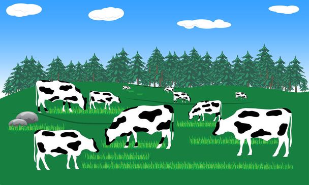 vaca lechera en la granja en la naturaleza salvaje con vista al paisaje de montaña vector ilustración - Vector, Imagen