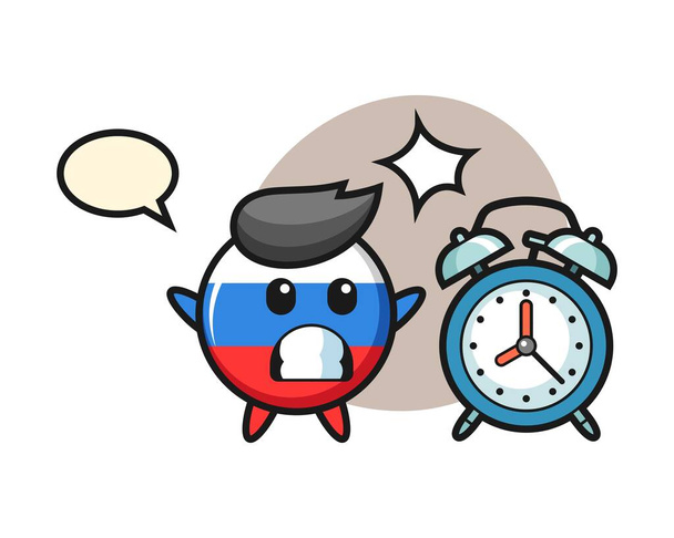 ロシアの旗のバッジの漫画イラストは巨大な目覚まし時計で驚いています - ベクター画像
