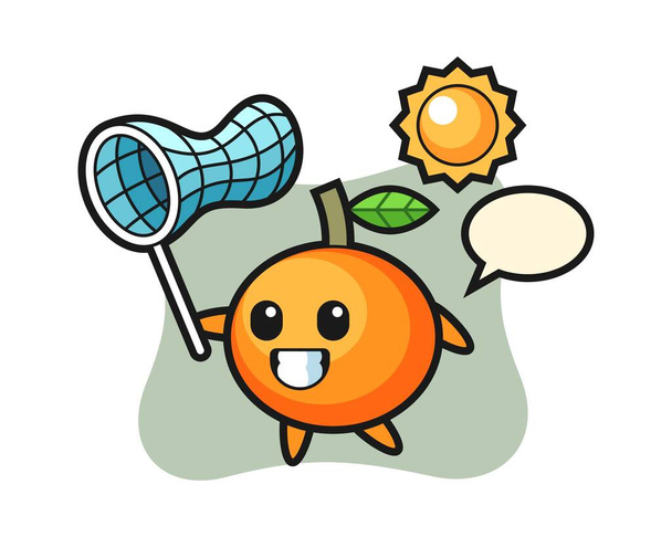 Mandarino arancione illustrazione della mascotte è cattura farfalla - Vettoriali, immagini
