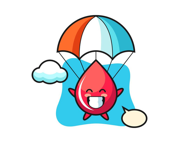 Карикатура с талисманом капли крови прыгает с парашютом со счастливым жестом - Вектор,изображение
