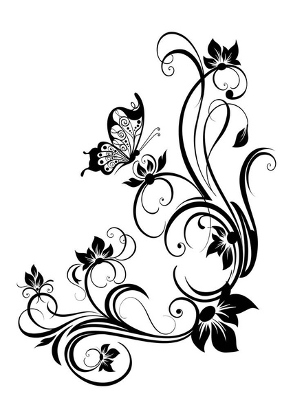 Schwarzer Zweig mit Schmetterling auf weißem Hintergrund. - Foto, Bild