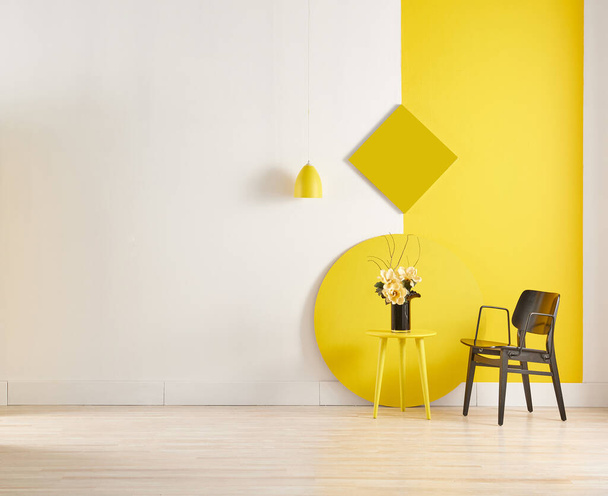 Gele en witte kamer decoratie met surf houten en ronde stijl. - Foto, afbeelding