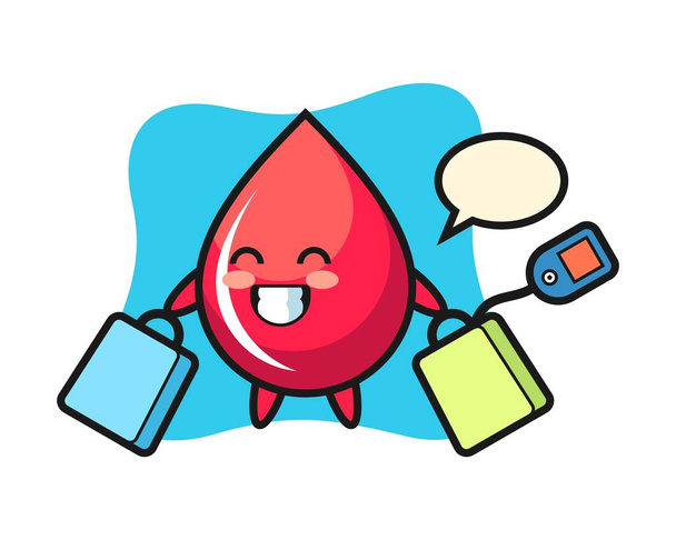 Карикатура с талисманом капли крови с сумкой для покупок - Вектор,изображение