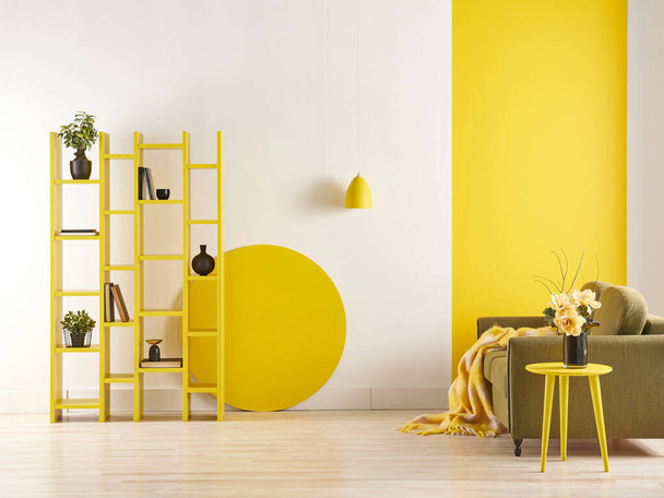 camera moderna sfondo giallo e bianco e stile divano verde, libreria tavolino vaso di pianta e libro. - Foto, immagini