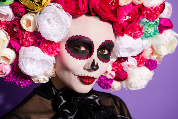 Dia de muertos. Photo voodoo witch death day concept religion honor ritual dead relatives saints folklore face print katrina wear floral headwear black costume isolated purple color background - Foto, afbeelding
