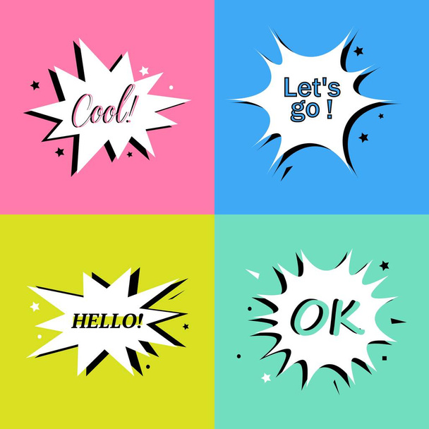 Cool Hello Ok Let 's go, Speech bubbles with dialog words Vector bubbles speech illustration pink Thinking and speaking clouds - Вектор,изображение