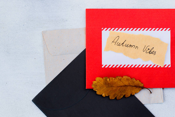 Enveloppe et automne plantes et fleurs séchées, mots souvenirs sur le vieux papier - Photo, image
