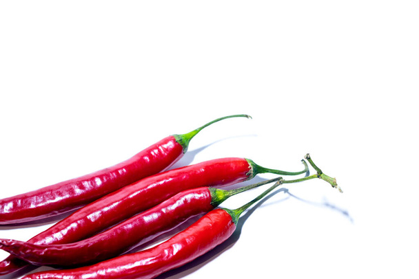 Four fresh red juicy chili peppers in a cut on round rings isolated on white - Photo, Image