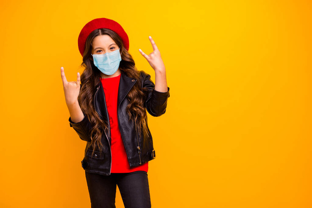 Portrait of her she attractive cool naughty healthy long-haired girl wearing safety gauze mask stop mers cov influenza showing horn sign isolated bright vivid shine vibrant yellow color background - Φωτογραφία, εικόνα