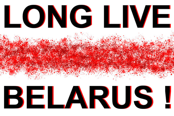 Valkoinen-punainen-valkoinen lippu. Valko-Venäjän kansallinen historiallinen lippu, johon on kaiverrettu: Eläköön Valko-Venäjä! - Valokuva, kuva