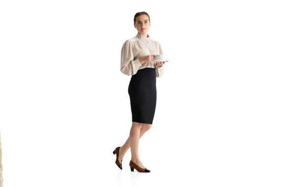 Beautiful business woman, secretary, manager isolated on white studio background. - 写真・画像