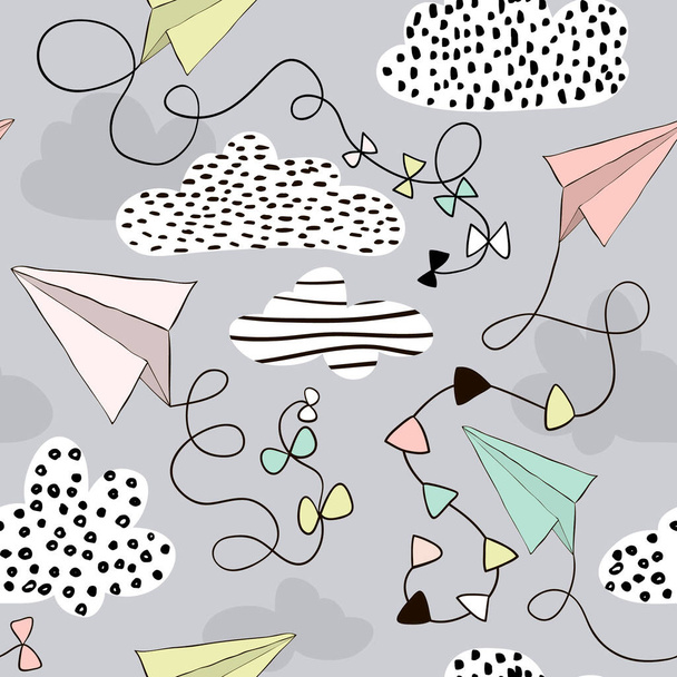 Naadloze patroon papieren vliegtuigen en wolken. Met de hand getekend creatieve kinderachtige achtergrond.Vector Illustratie - Vector, afbeelding
