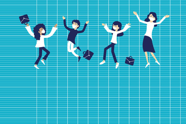 Students or schoolchildren jumping for joy with a teacher at the beginning of the school year - Vector, Imagen