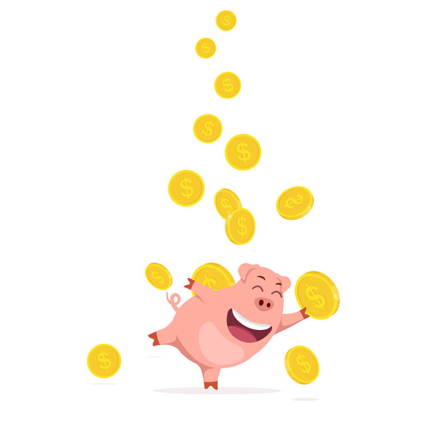 Funny happy piggy bank catching coins. Vector illustration. - Vector, Image