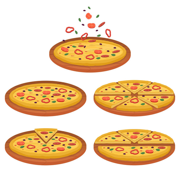 Набор иллюстраций вкусной пиццы, пиццы нарезанной на кусочки. Векторная иллюстрация - Вектор,изображение