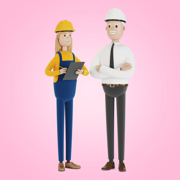 Quality control, production inspection. A civil engineer tells a female inspector about the work done. 3D illustration in cartoon style. - Photo, Image