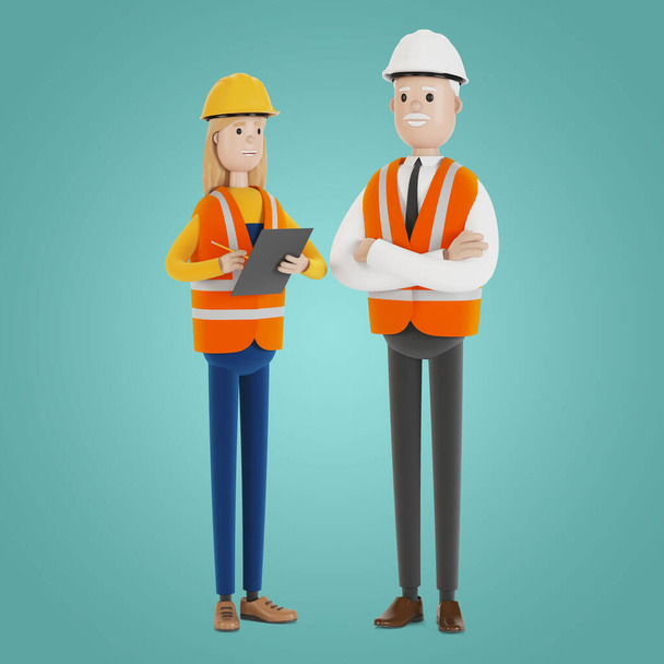 Quality control, production inspection. A civil engineer tells a female inspector about the work done. 3D illustration in cartoon style. - Photo, Image