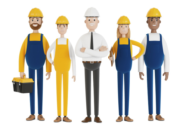 工業労働者。建設チーム。エンジニア、技術者、様々な職業の労働者。漫画風の3Dイラスト. - 写真・画像