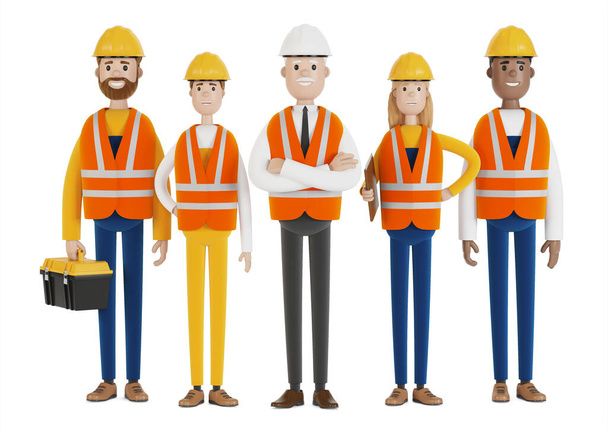 Trabalhadores industriais. Uma equipe de construtores usando coletes de segurança e chapéus duros. Ilustração 3D em estilo cartoon. - Foto, Imagem
