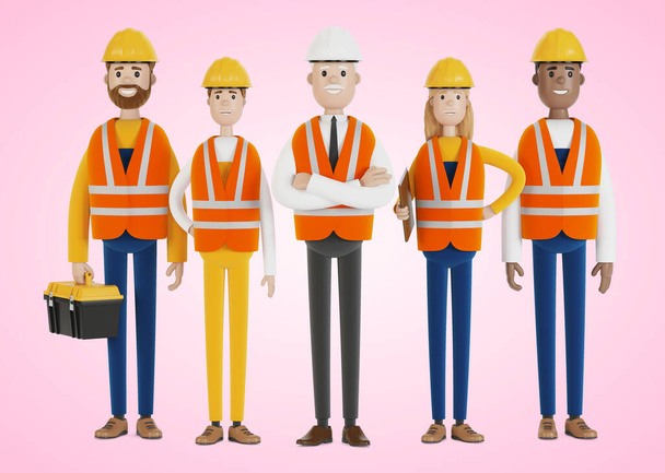 Trabajadores industriales. Un equipo de constructores con chalecos de seguridad y sombreros duros. Ilustración 3D en estilo de dibujos animados. - Foto, Imagen