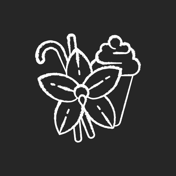 Vanilla chalk white icon on black background. Vanilla flower and sticks. Aromatic flavor. Pastries and confectionery flavoring. Aromatherapy. Isolated vector chalkboard illustration - Vektör, Görsel
