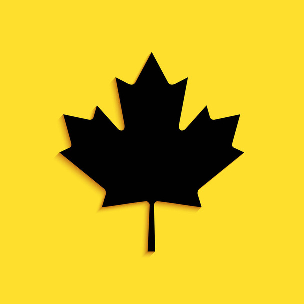 Sarı arkaplanda siyah Kanada akçaağaç yaprağı ikonu var. Kanada sembolü akçaağaç yaprağı. Uzun gölge tarzı. Vektör. - Vektör, Görsel