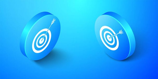 Isometric Target with arrow icon isolated on blue background. Dart board sign. Archery board icon. Dartboard sign. Business goal concept. Blue circle button. Vector. - Vector, Image