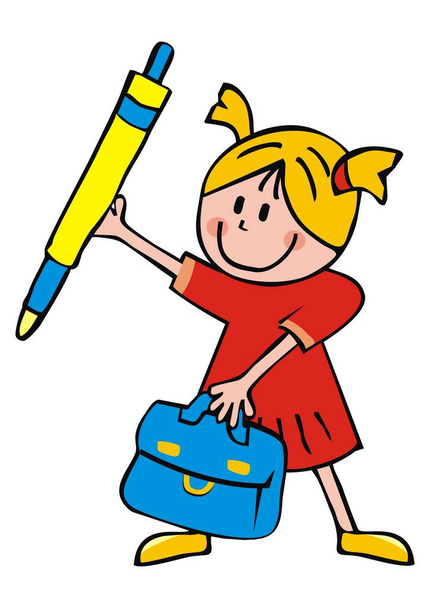 Çantası ve kalemi olan kız, komik vektör çizimi. Okul ekipmanlarıyla mutlu bir çocuk. Ayrı bir nesne. Renkli el çizimi resim. - Vektör, Görsel