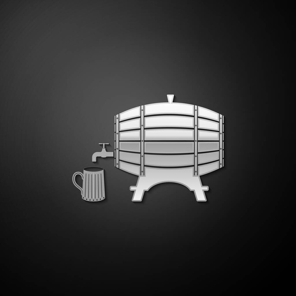 Canna di legno argento su rack con tappo e icona tazza di birra in legno isolato su sfondo nero. Lungo stile ombra. Vettore. - Vettoriali, immagini