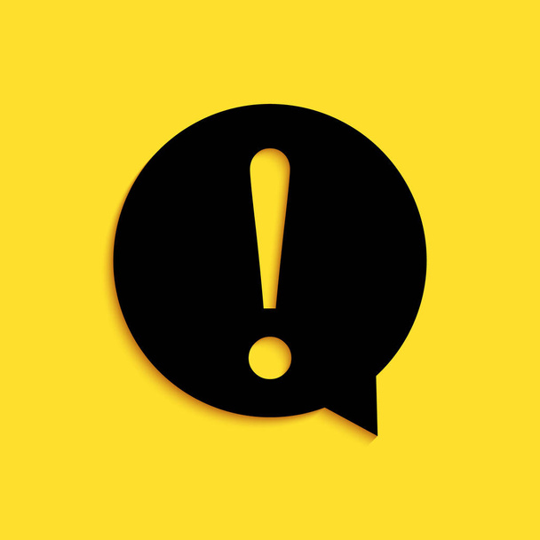 Black Exclamation mark in circle icon isolated on yellow background. Hazard warning symbol. FAQ sign. Copy files, chat speech bubble. Long shadow style. Vector. - Vector, Image