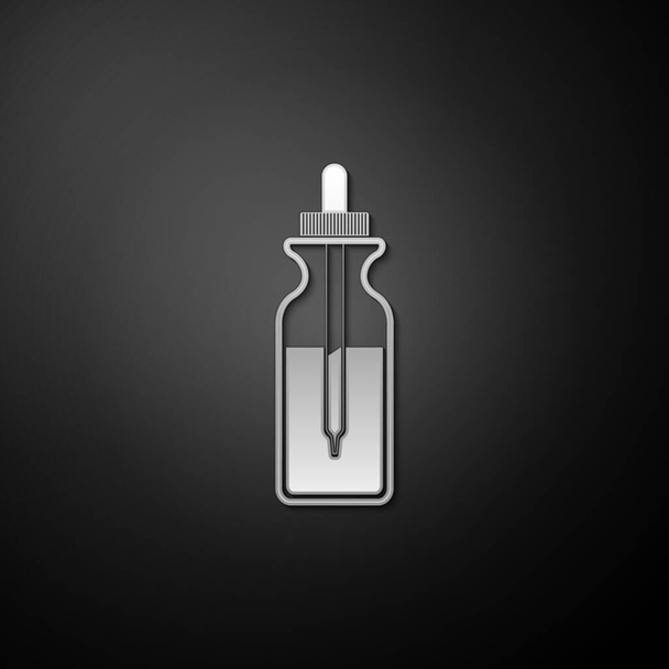 Silver Glass bottle with a pipette. Vial with a pipette inside and lid icon isolated on black background. Container for medical and cosmetic product. Long shadow style. Vector. - Vector, Image
