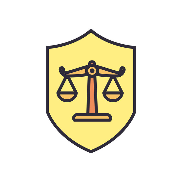 balanza de equilibrio de la ley en la línea de escudo y el diseño de vector icono de estilo de relleno - Vector, imagen