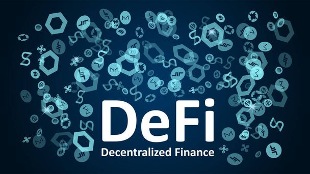 DeFi - децентралізовані фінанси з логотипами алтайнів на темно-синьому тлі. Знаки найбільших проектів в секторі DeFi. Вігнеттінг. Вектор 10. - Вектор, зображення