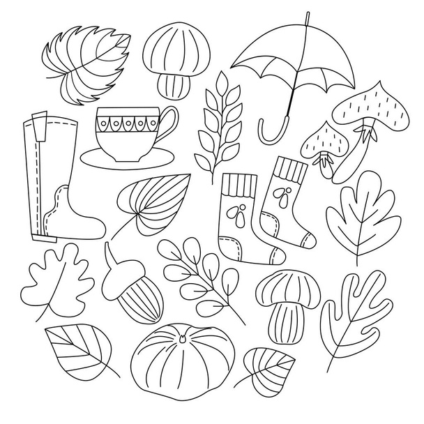 Sonbahar yaprakları, mantarlar, şemsiye, çoraplar ve botlar. Kartların tasarımı için beyaz arkaplanda vektör grafikleri, yastıklar, paketler, kapaklar, ambalaj kağıtları - Vektör, Görsel