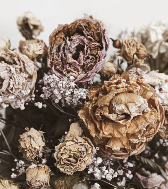 Buquê seco. Imagem close-up de flores secas em um buquê. Conceito de vida e morte. Fundo flor murcha - Foto, Imagem