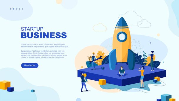 Trendy flat illustration. Startup business page concept. ooperation of people who implement the joint idea. Rocket launch preparation. Template for your design works. Vector graphics. - Vector, Image