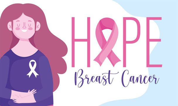 câncer de mama consciência mês esperança fonte fita e mulher design - Vetor, Imagem
