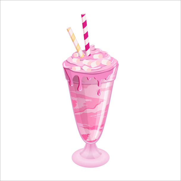 Giant milkshake with marshmallow, tube, drinking straw, strawberry in the decorative glass. Freakshake with berries. Strawberry drops on the glass with dessert. Cherry ice cream with whipped cream. - Vector, Image