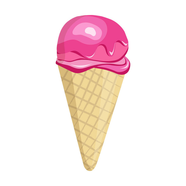 おいしい甘いアイスクリームデザートベクトルイラスト。カフェ、レストランメニュー、印刷、生地、広告のための上にイチゴ釉薬とワッフルでアイスクリームのボール。暑い日のための夏のデザート - ベクター画像
