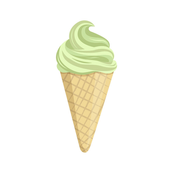 Pistachio ice-cream dessert vector illustration. Balls of ice cream in waffle with whipped cream on the top for cafe, restraurant menu, print, fabric, advertisement. Delicious creamy tasty dessert  - Vector, Image