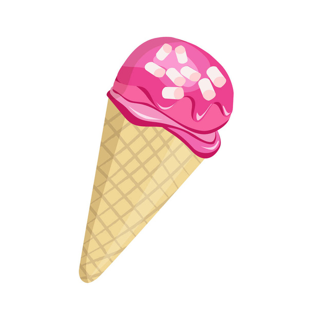 おいしい甘いアイスクリームデザートベクトルイラスト。カフェ、レストランメニュー、印刷、生地、広告のための上にイチゴ釉薬とワッフルでアイスクリームのボール。暑い日のための夏のデザート - ベクター画像