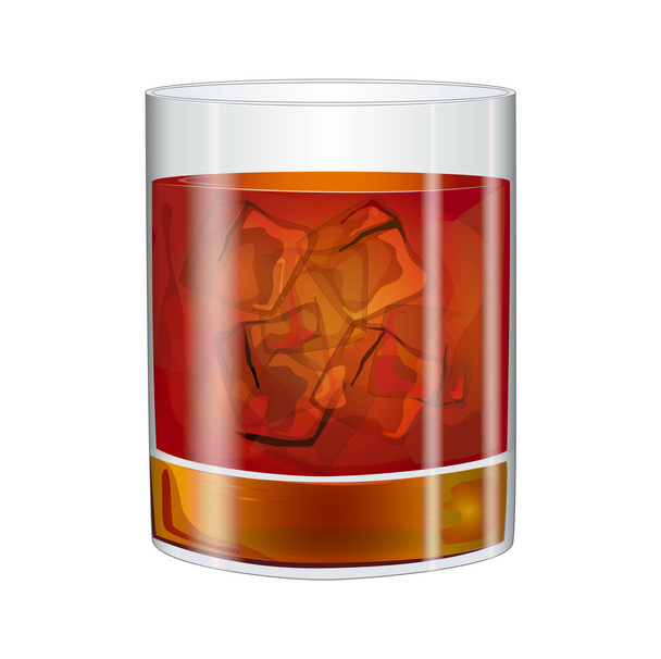 Realistic negroni cocktail vector illustration with hand drawn ice cubes in a glass. Beautiful cocktail drink for bar menu, posters, flyers, advertisement, recipe book.Whiskey with ice cocktail design - Vector, Image